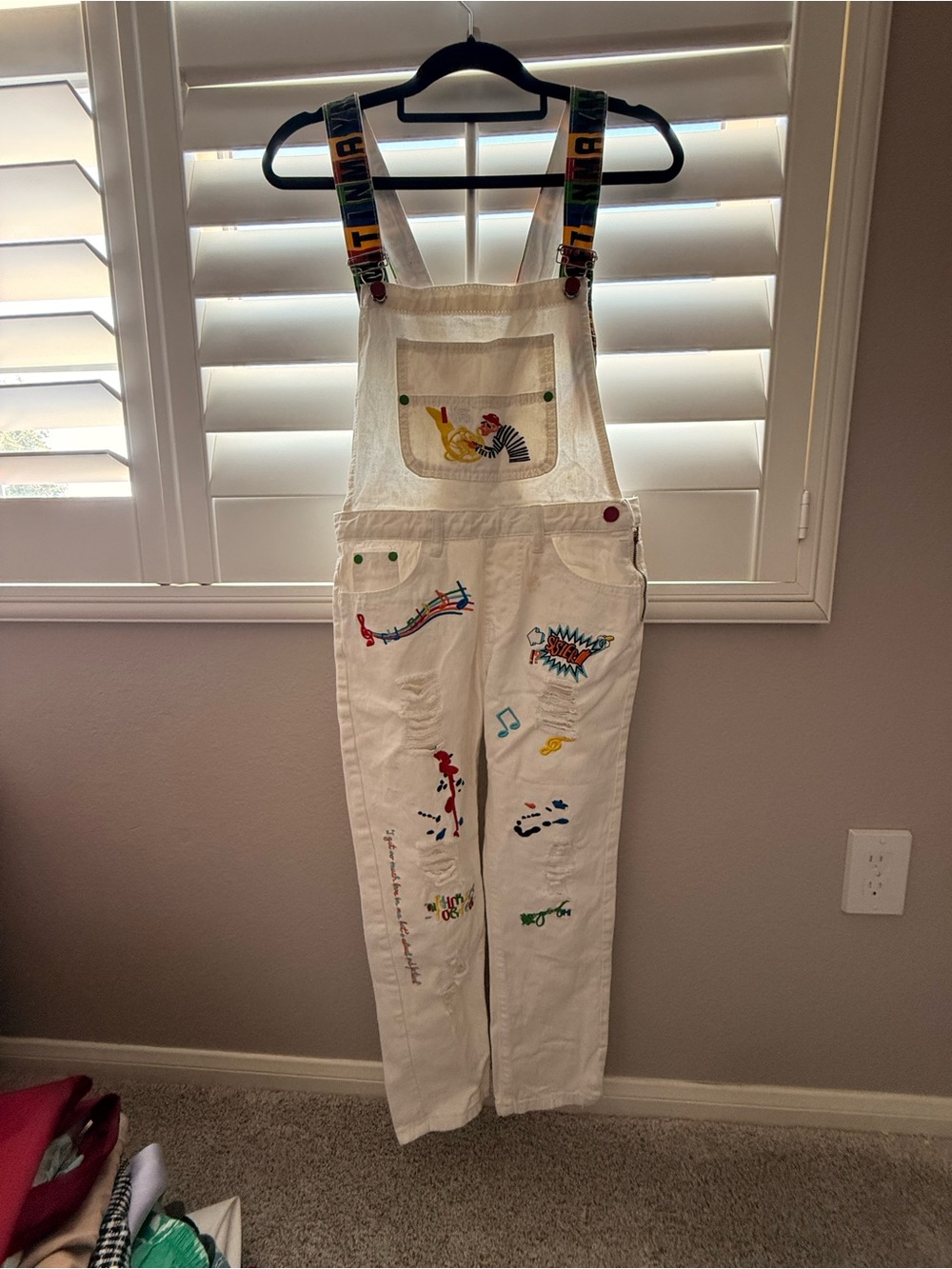 White Distressed Denim Overalls with Colorful Music Embroidery